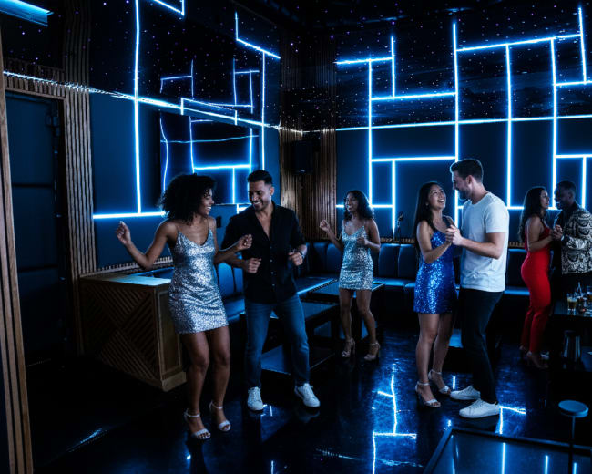 A group of people dances in a dimly lit room illuminated by blue neon lights.