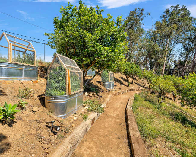 The image shows a landscaped area with three metal framed greenhouse structures on a hillside path surrounded by trees and greenery.