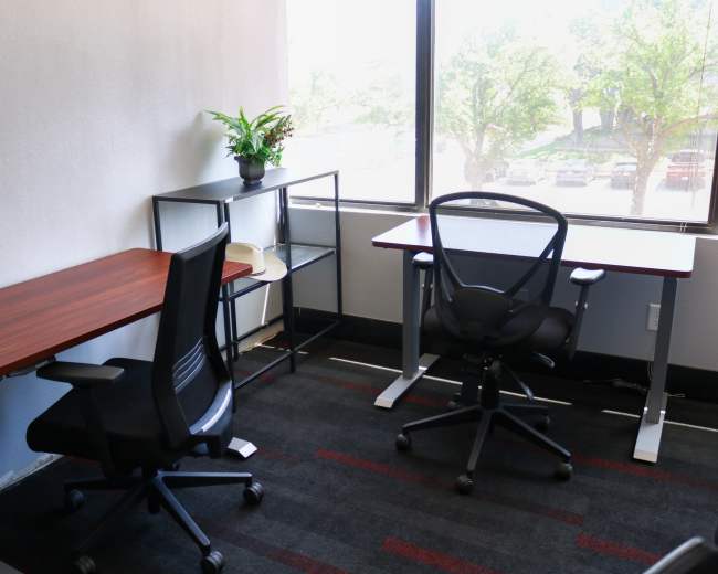 The image shows a small office space featuring two desks with ergonomic chairs, a plant on a shelf, and a large window overlooking an outdoor area.