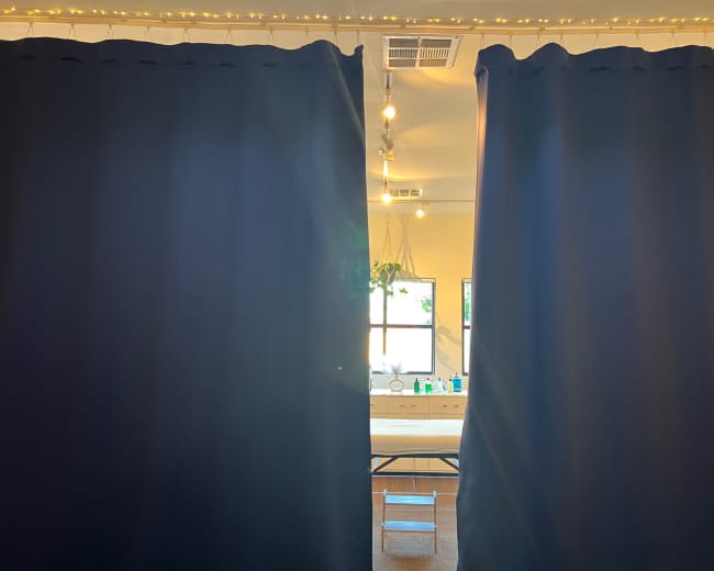 A pair of dark curtains partially opened reveals a well-lit room with a table and decorative plants.