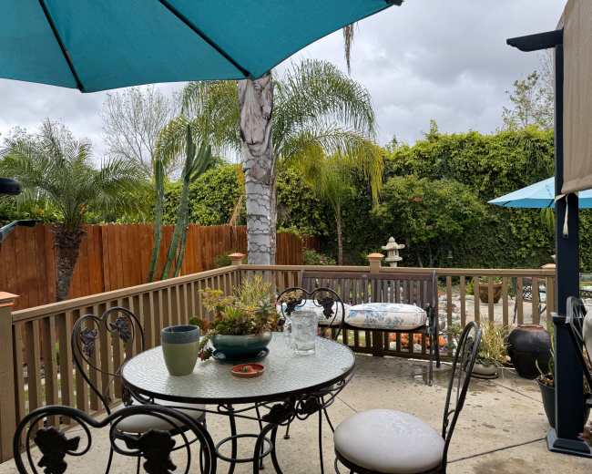 A patio with a round table, chairs, and large umbrellas overlooks a garden with palm trees and a wooden fence.