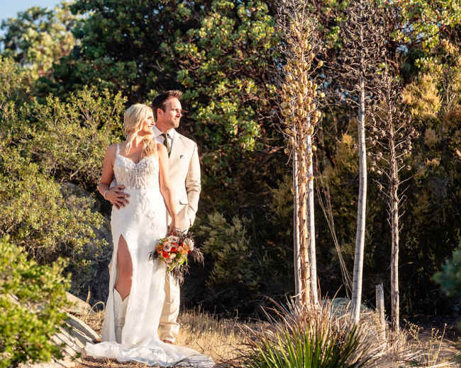 A bride in a white dress and a groom in a tan suit stand together among green shrubs and trees in a sunny outdoor setting.