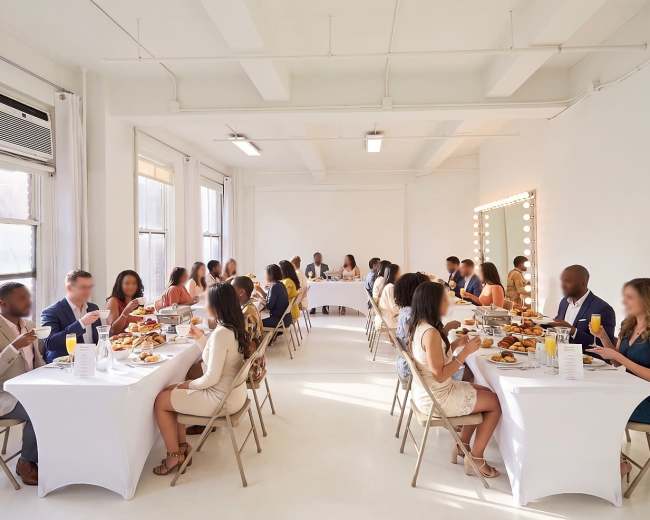 A large group of people is seated around white tables in a bright room, enjoying a meal together.