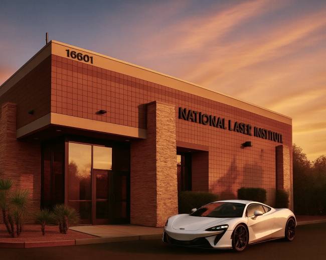 The image shows a modern building with the sign "National Laser Institute" at dusk, accompanied by a sleek white car parked in front.