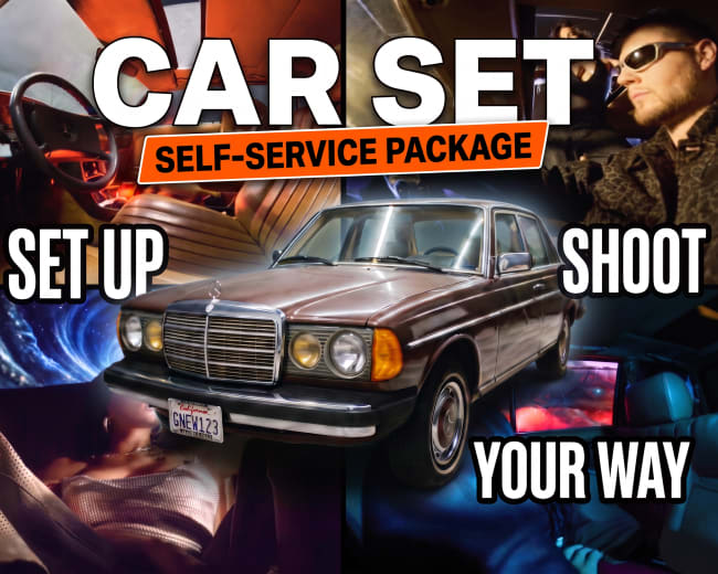 The image features a vintage Mercedes-Benz car at the center surrounded by visuals of people interacting with its interior and promotional text highlighting a self-service package for a car set.