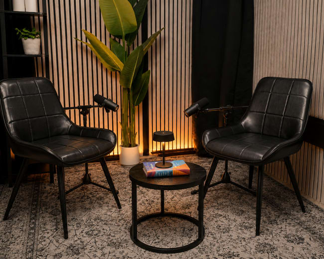 The image features two black chairs with armrests positioned around a small black table, accompanied by a potted plant and framed by vertical wooden slats.