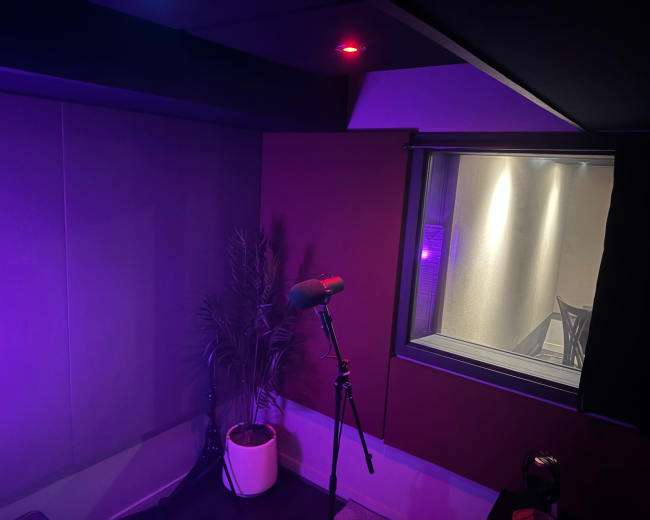The image shows a small soundproof recording studio with a microphone on a stand, a potted plant, and a window overlooking another room, illuminated by purple and red lights.