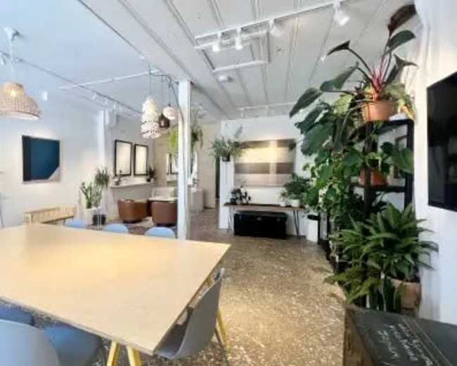 The image shows a modern workspace featuring a large wooden table surrounded by blue chairs, with plants and artwork adorning the walls.