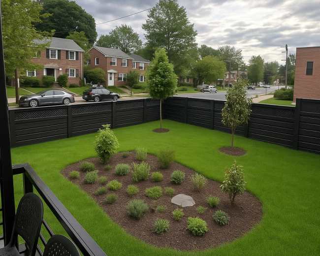 A well-maintained backyard features a small garden bed surrounded by grass and trees, enclosed by a wooden fence, with a view of residential streets and houses in the background.