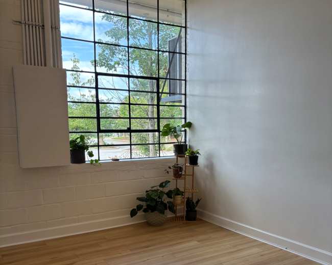 The image shows a bright room with wooden flooring, a large window featuring plants on the sill, and a small plant stand in the corner.