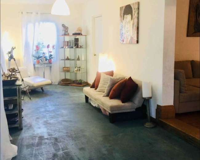 The image shows a living space with a light-colored floor, a small sofa adorned with cushions, a decorative shelf with plants and sculptures, and artwork on the walls.