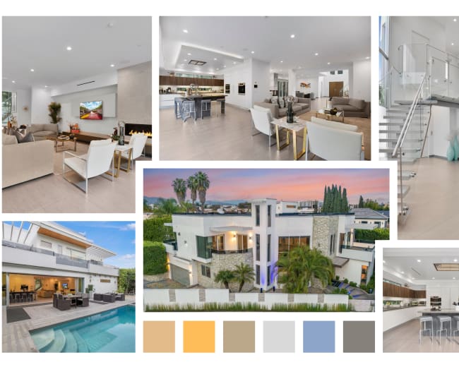 The image showcases a modern luxury home featuring various angles, including a spacious living area, a stylish kitchen, a dining space, and an outdoor pool area.
