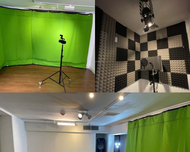 The image displays a studio space featuring a green screen backdrop, adjustable lighting, and soundproof walls in separate sections of the room.