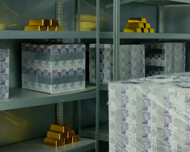 The image shows shelves stacked with gold bars and boxes wrapped in banknotes.