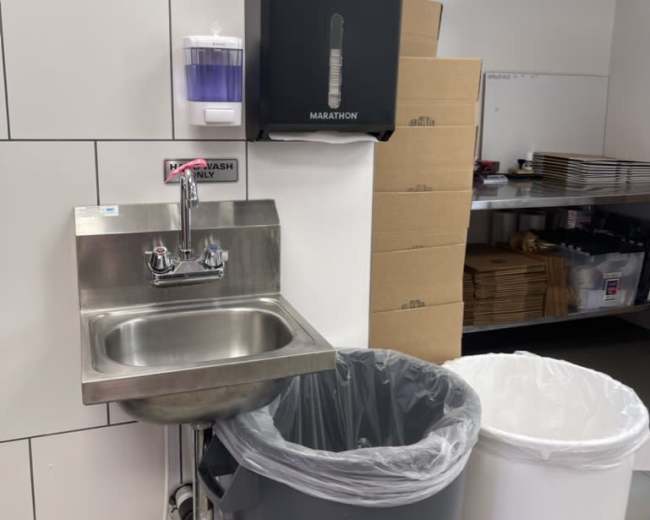 The image shows a stainless steel utility sink mounted on a wall with a soap dispenser above it and two trash bins nearby.