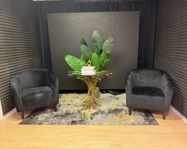 The image shows a small interior space featuring two black upholstered chairs flanking a decorative plant stand with large green leaves, set against a black backdrop.