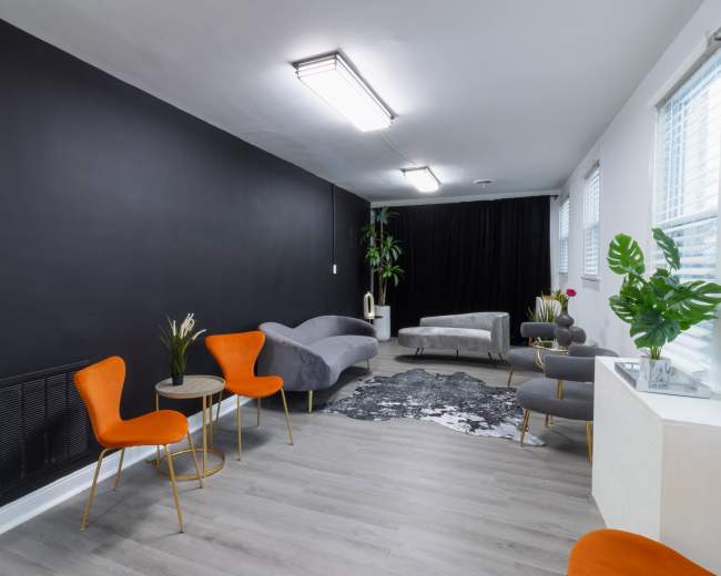 The room features a minimalist design with a black accent wall, several stylish chairs, a gray sofa, and indoor plants.