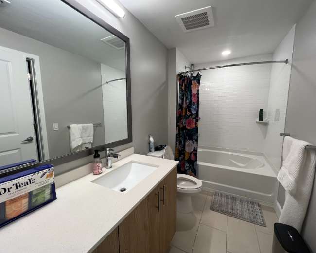 The image shows a modern bathroom featuring a bathtub, a shower with a curtain, a sink with storage, and a mirror.