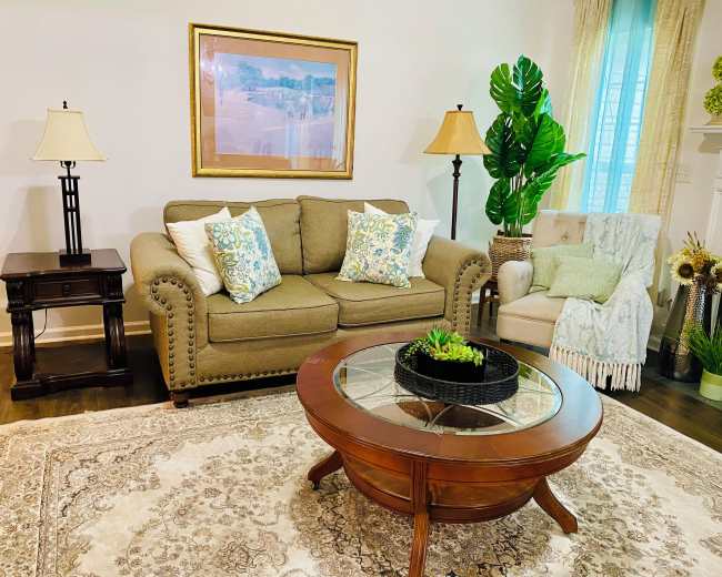The image shows a living room with a beige couch adorned with decorative pillows, a round wooden coffee table, a stylish armchair, and indoor plants, all arranged on a patterned rug.
