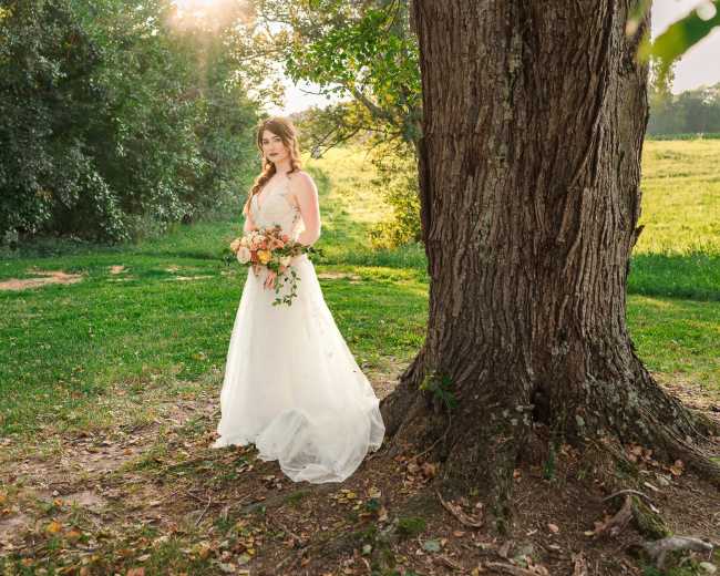 A bride stands by a large tree in a grassy field, holding a bouquet of flowers.