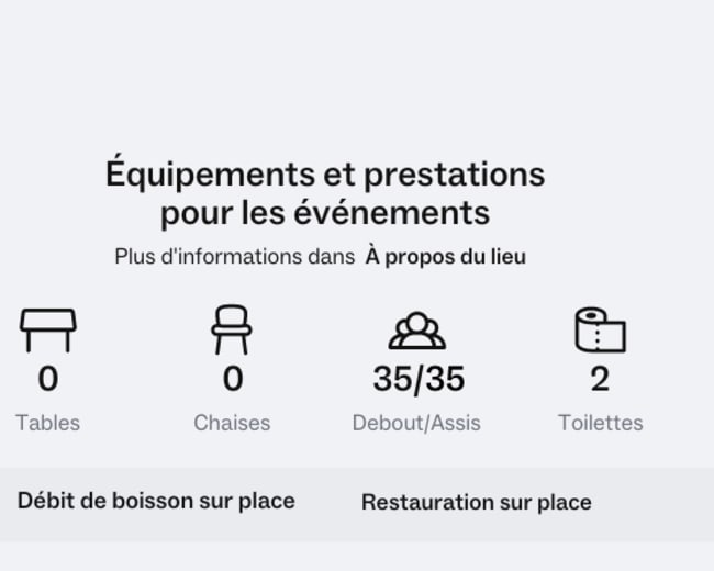 Information about event equipment and services, including the availability of tables, chairs, seating capacity, and restroom facilities.