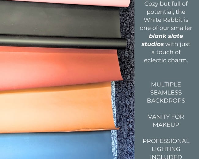 The image features a series of colorful seamless backdrops arranged vertically, with a dark wall on the right that lists features of a studio space.