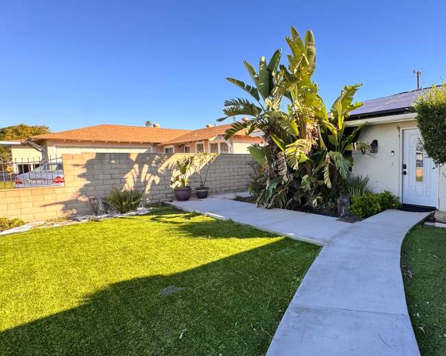 The image shows a well-maintained front yard with a curved pathway leading to a white door, bordered by greenery and palm plants on either side.
