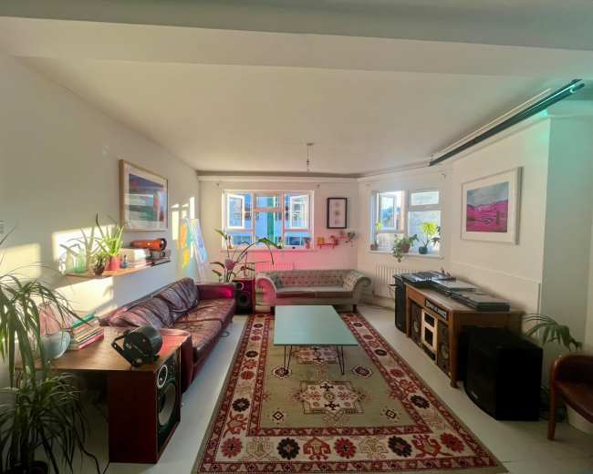 The image shows a spacious living room with a mix of furniture, including a maroon sofa, a patterned rug, a glass coffee table, and various indoor plants, illuminated by sunlight coming through the windows.