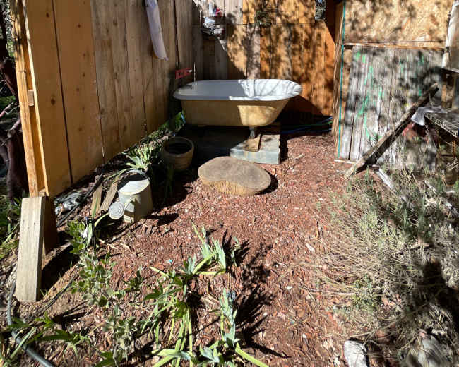 An outdoor area features a freestanding bathtub surrounded by wooden fencing and various plants.