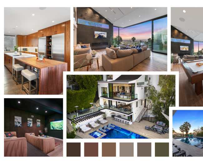 The image showcases various stylish interiors and exterior views of a modern luxury home, featuring an open living area, a sleek kitchen, and a poolside entertainment space.