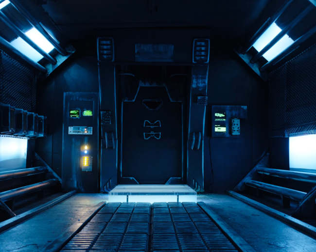 The image shows a dark, futuristic corridor with glowing blue lights and a central panel or control station.
