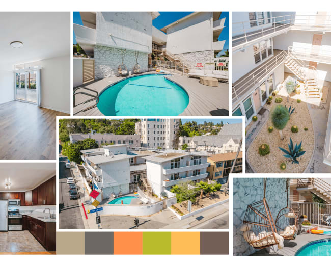 The image displays various views of a modern apartment complex, featuring a bright interior, a swimming pool, and an outdoor courtyard with landscaping.