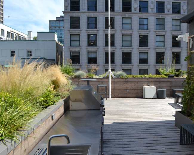 The image shows a rooftop garden area with wooden decking, greenery, and a stainless steel grill, overlooking a brick building with large windows.