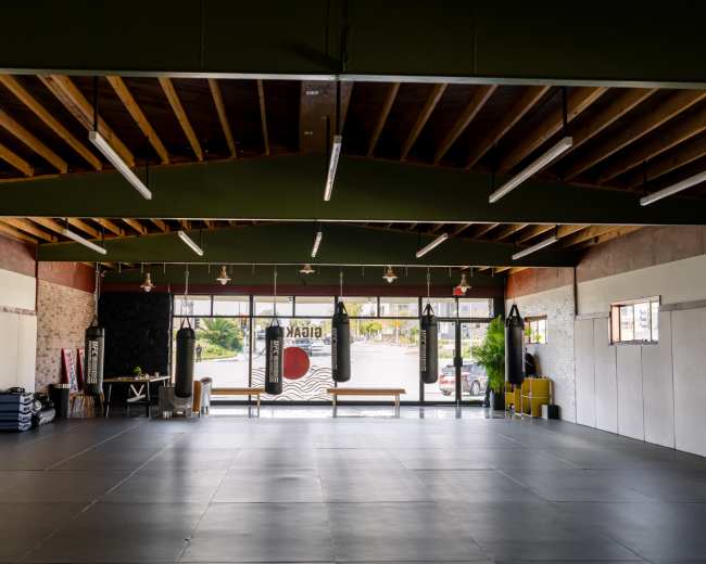 The image shows a spacious martial arts studio with padded flooring, large windows, and several punching bags hanging from the ceiling.