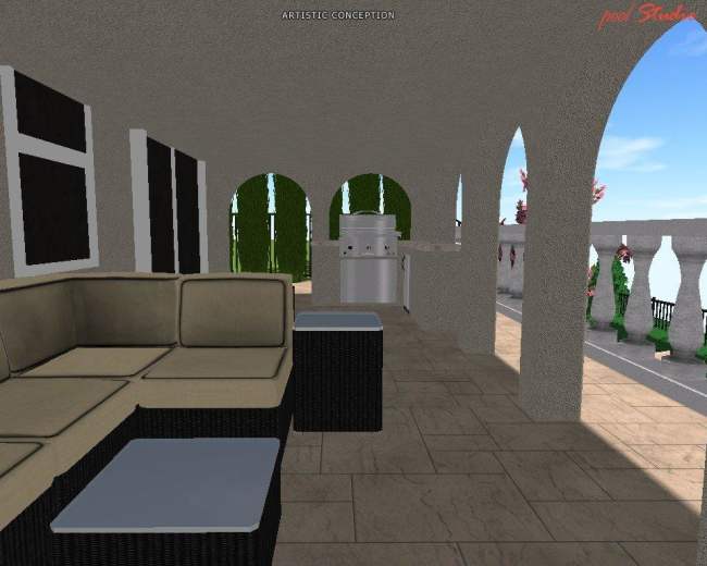 A rendered outdoor patio area featuring a sectional sofa, a coffee table, and a barbecue grill in a scenic setting.