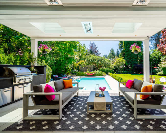 A covered patio features two gray sofas adorned with colorful pillows, facing a small coffee table overlooking a landscaped garden with a swimming pool.