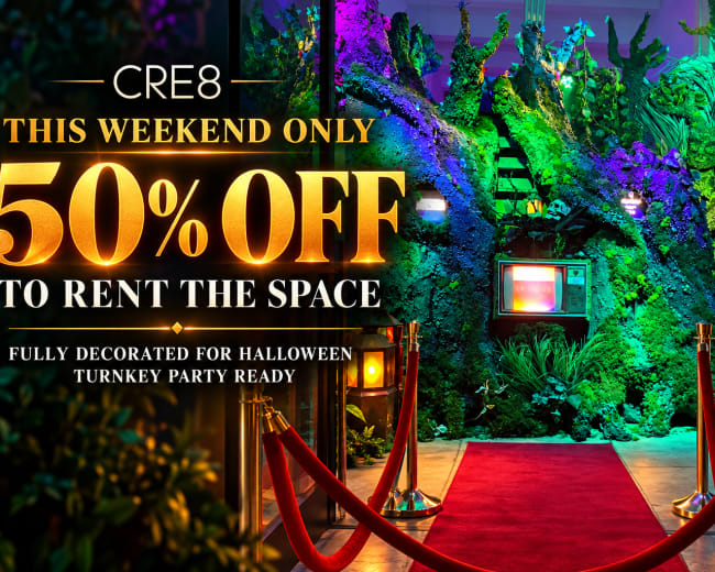 The image features a vibrant, Halloween-themed outdoor venue entrance with decorative greenery and a red carpet leading to an illuminated space, promoting a 50% discount for event rentals this weekend.