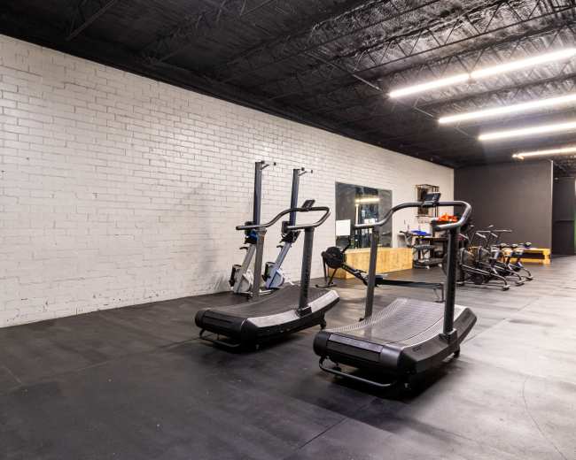 A gym interior featuring two treadmills, a punching bag hanging from the ceiling, and various exercise equipment against a white brick wall.