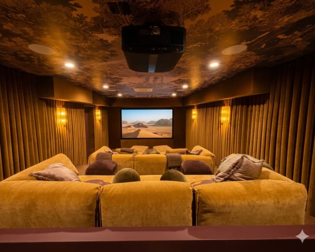 A cozy home theater features a large screen at the front, with plush seating arranged in a semicircle and softly lit wall sconces.
