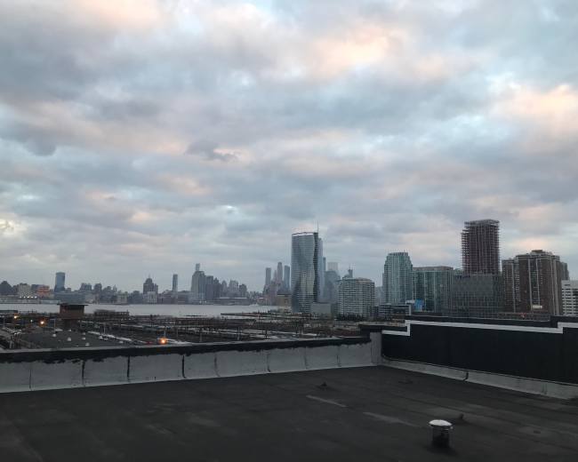 The image depicts a view of a city skyline with tall buildings and a body of water under a cloudy sky, seen from a rooftop.