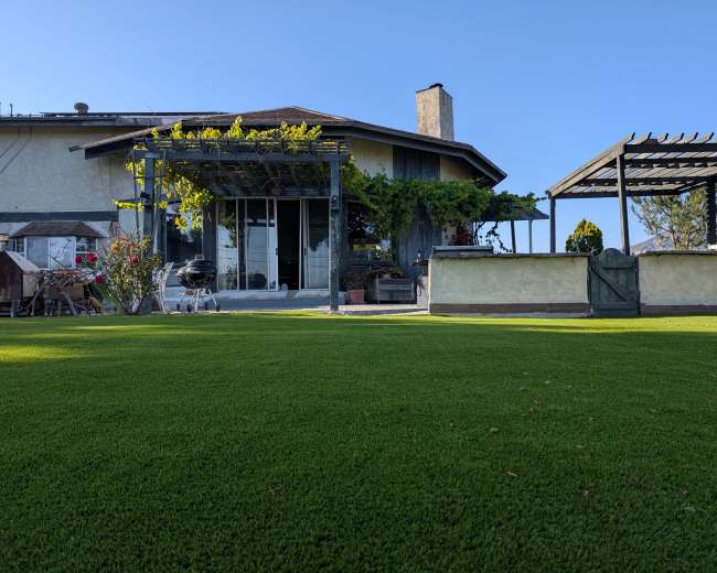 A house with a spacious lawn features a deck with a pergola, potted plants, and a barbecue area.