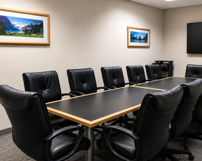 A conference room features a large rectangular table surrounded by twelve black leather chairs, with framed landscape images on the walls and a flat-screen monitor mounted in the corner.