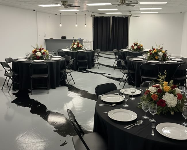 The image shows a banquet space with several round tables covered in black tablecloths, each adorned with flower centerpieces, and a serving area in the background.