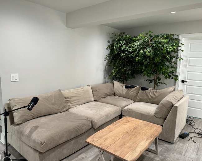 The image shows a beige sectional sofa in a room with light gray walls, a wooden coffee table, and a large potted plant in the corner.