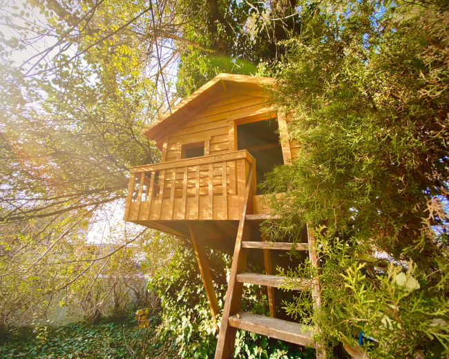A wooden treehouse with a balcony is nestled among trees and foliage.