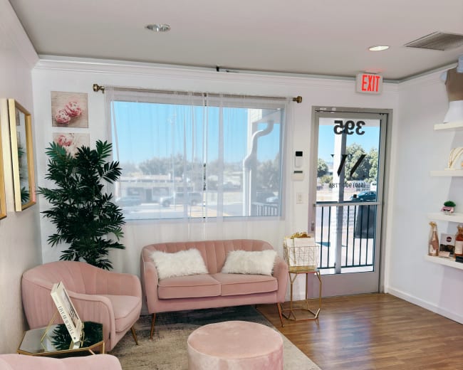A well-appointed waiting area featuring pink upholstered chairs, a round ottoman, and a large window with natural light.