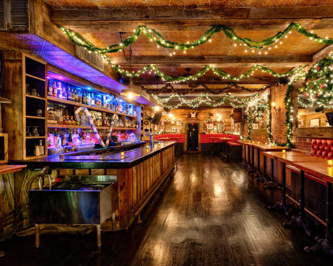 The image shows a cozy bar interior decorated with greenery and string lights, featuring a long bar and tables arranged along the sides.