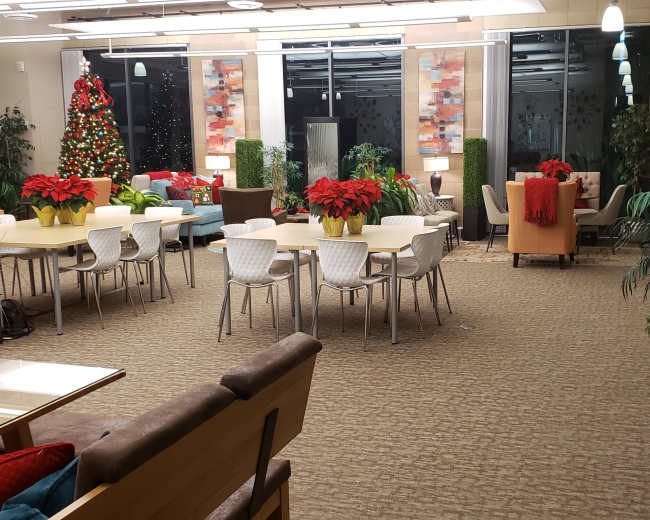 The image shows a spacious communal area decorated with a Christmas tree, dining tables surrounded by chairs, and various indoor plants.