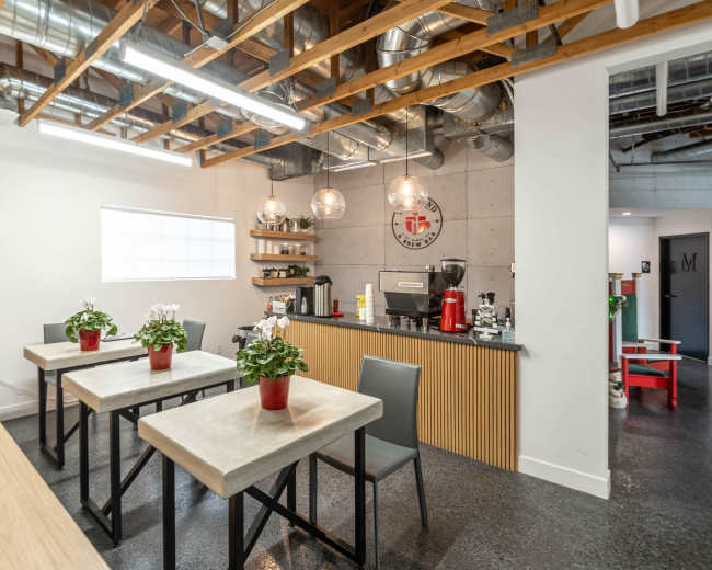 The image shows a modern kitchen area with a few tables, each featuring a potted plant, and a countertop equipped with coffee-making appliances and decorative items.