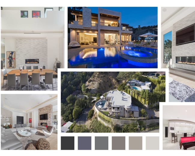 The image showcases various views of a modern luxury home, featuring a spacious interior, a sleek patio with a pool, and an aerial view of the property.